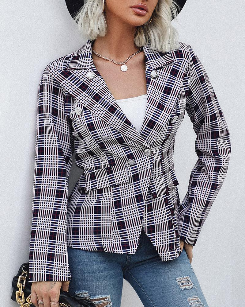 

Plaid Print Double Breasted Long Sleeve Blazer Coat, Black