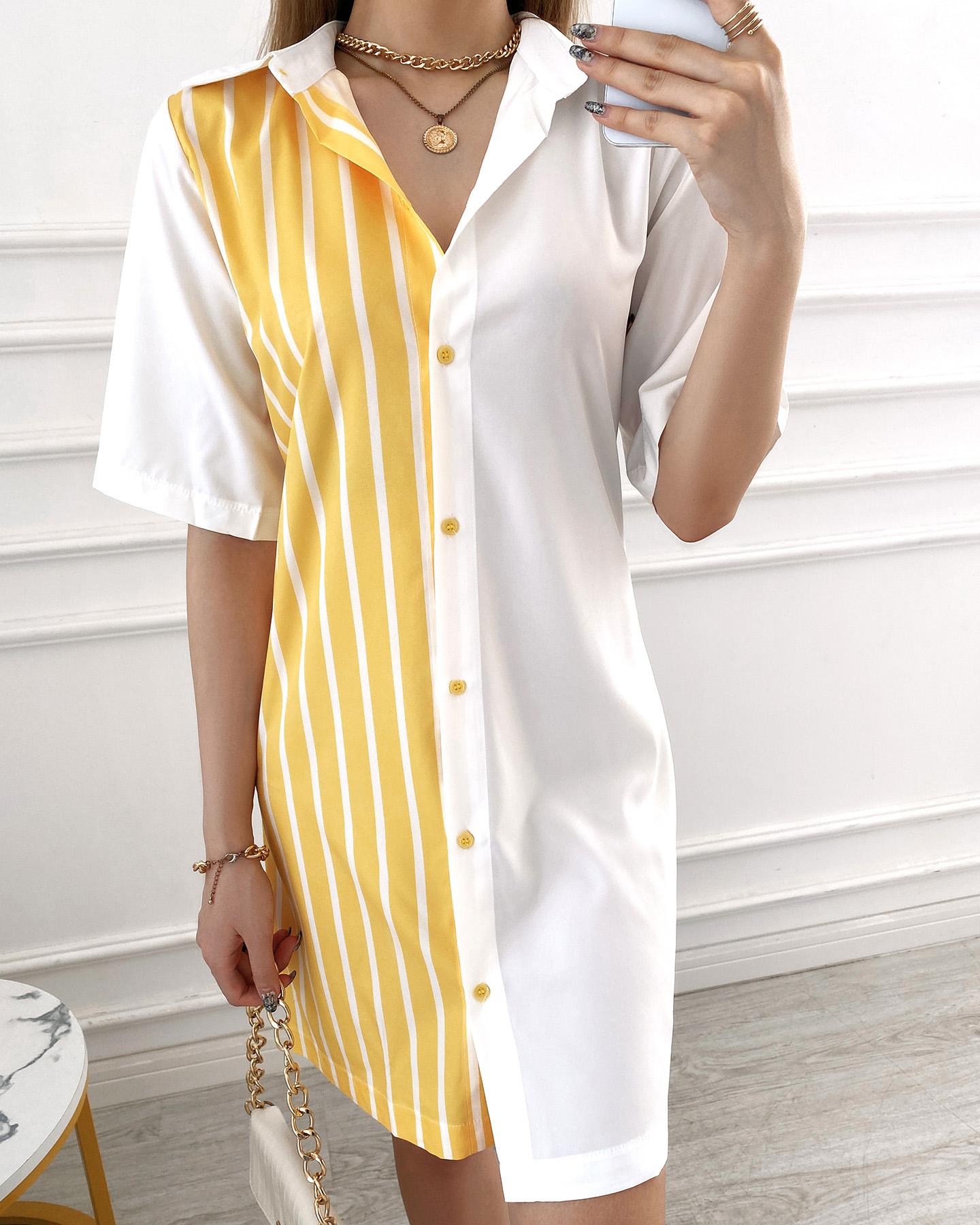 

Striped Colorblock Long Sleeve Button-up Shirt Dress, Yellow