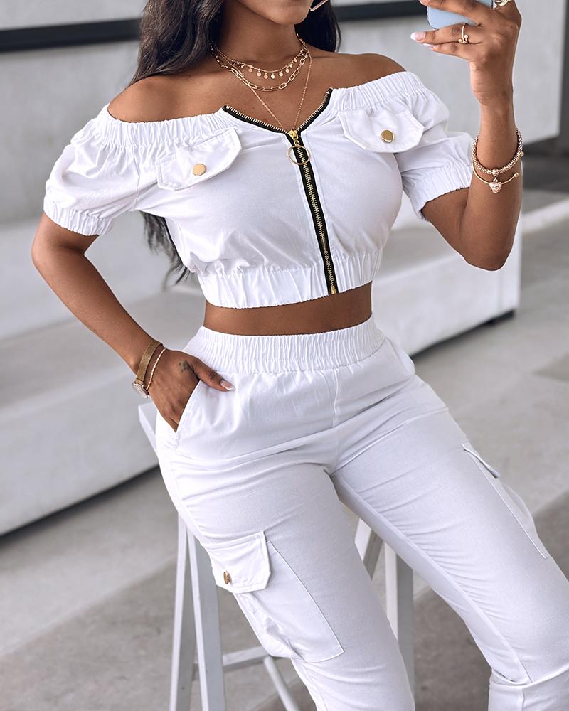 

Off Shoulder Zipper Design Top & Cuffed Pants Set, White