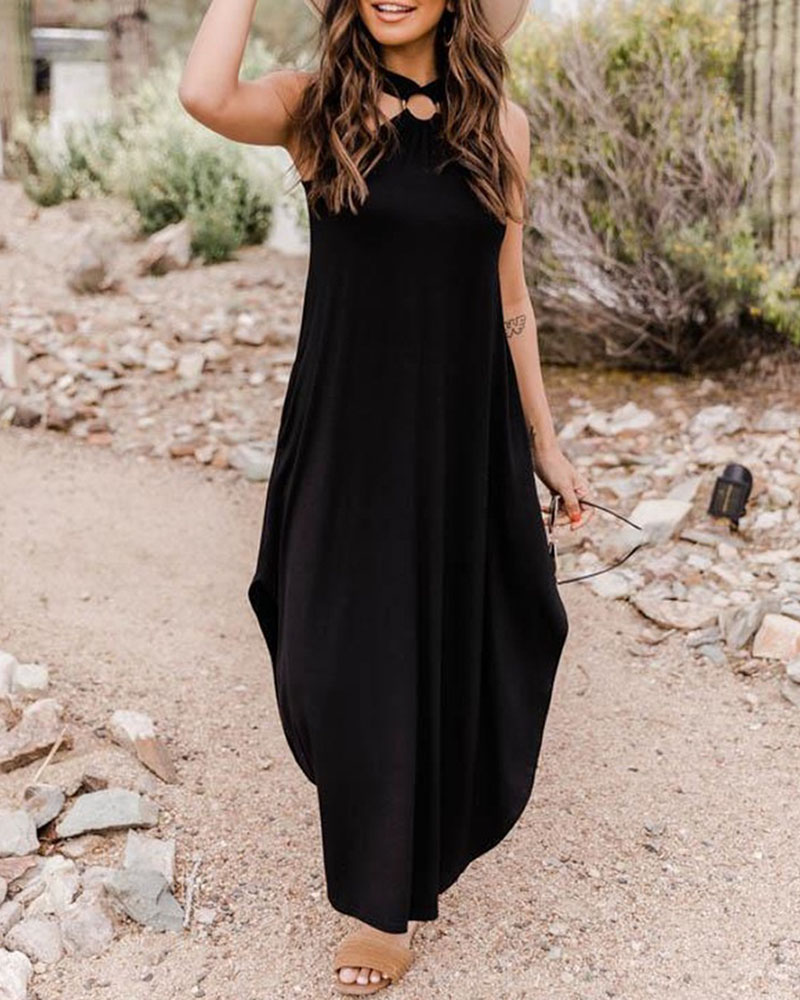 

Pocket Design O-Ring Decor Casual Dress, Black