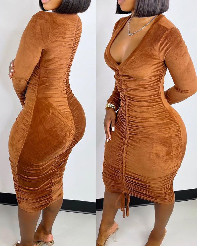 

Velvet Long Sleeve Drawstring Ruched Bodycon Dress, Brown