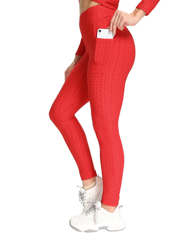 

High Waist Jacquard Skinny Yoga Pants, Red