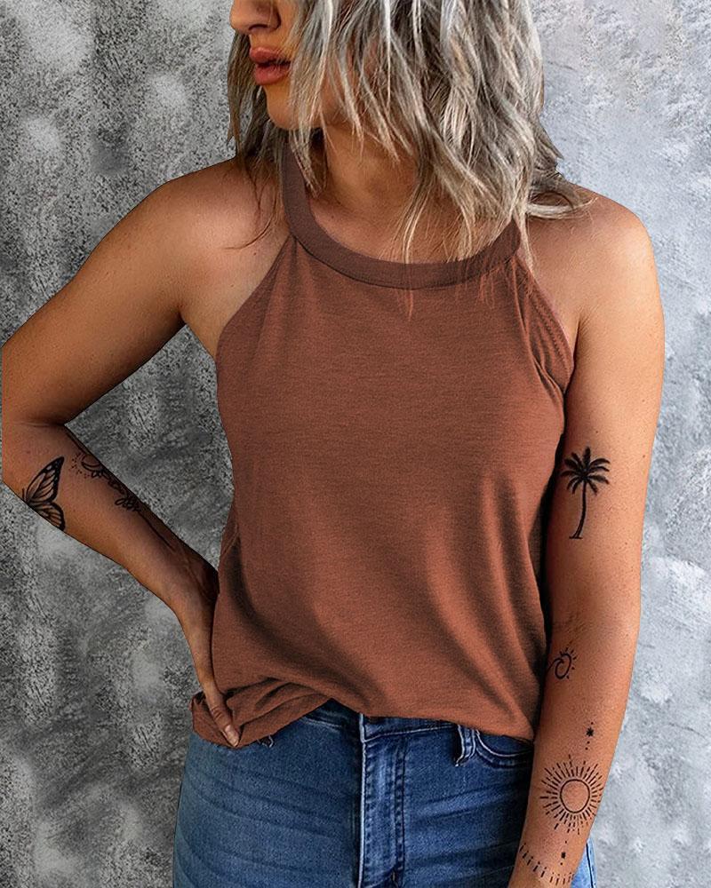 

Plain Round Neck Casual Tank Top, Brown