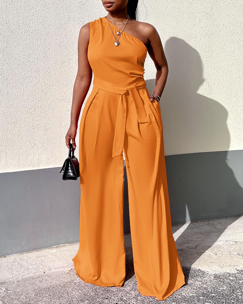 

One Shoulder Sleeveless Wide Leg Jumpsuit, Orange