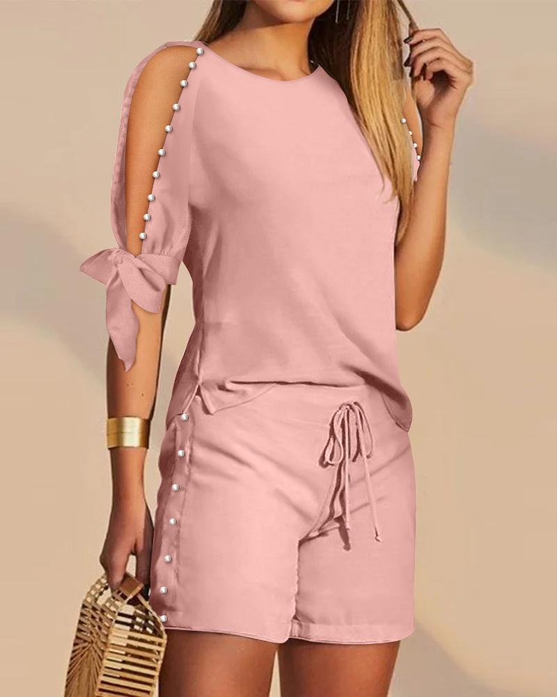 

Pearls Decor Split Sleeve Top & Drawstring Shorts Set, Pink