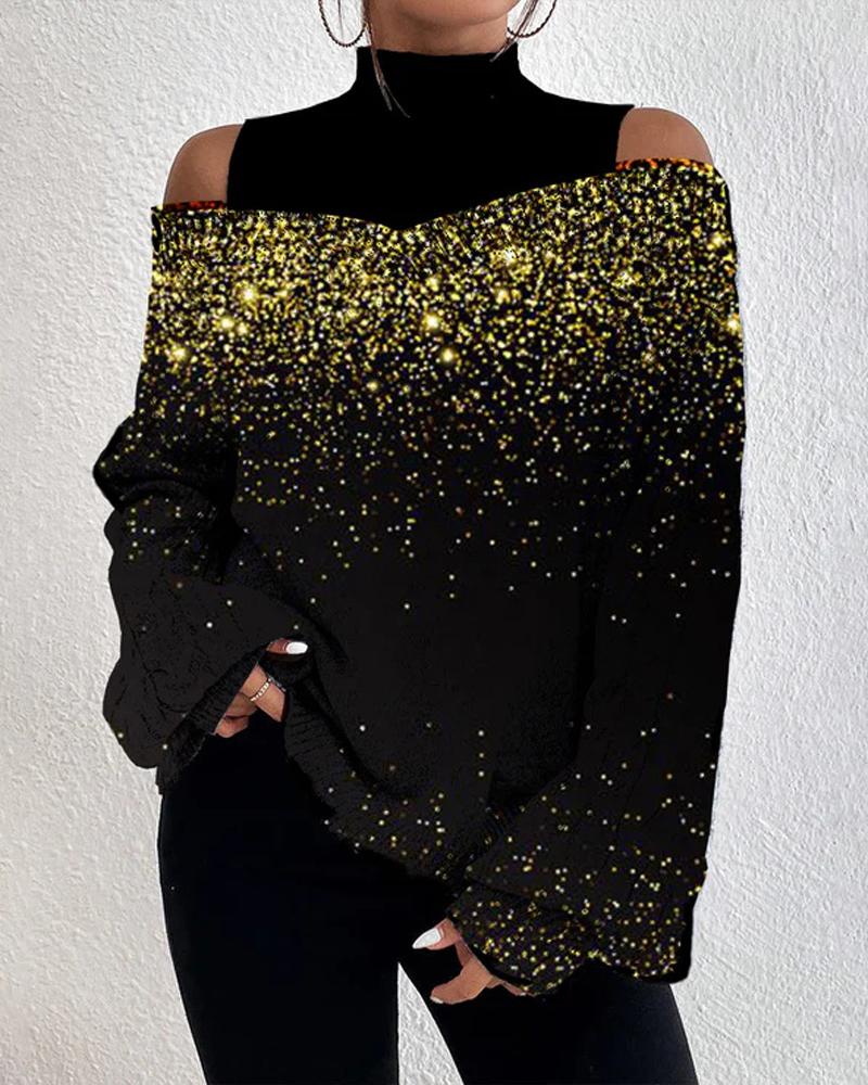 

Cold Shoulder Lantern Sleeve Print Top, Black