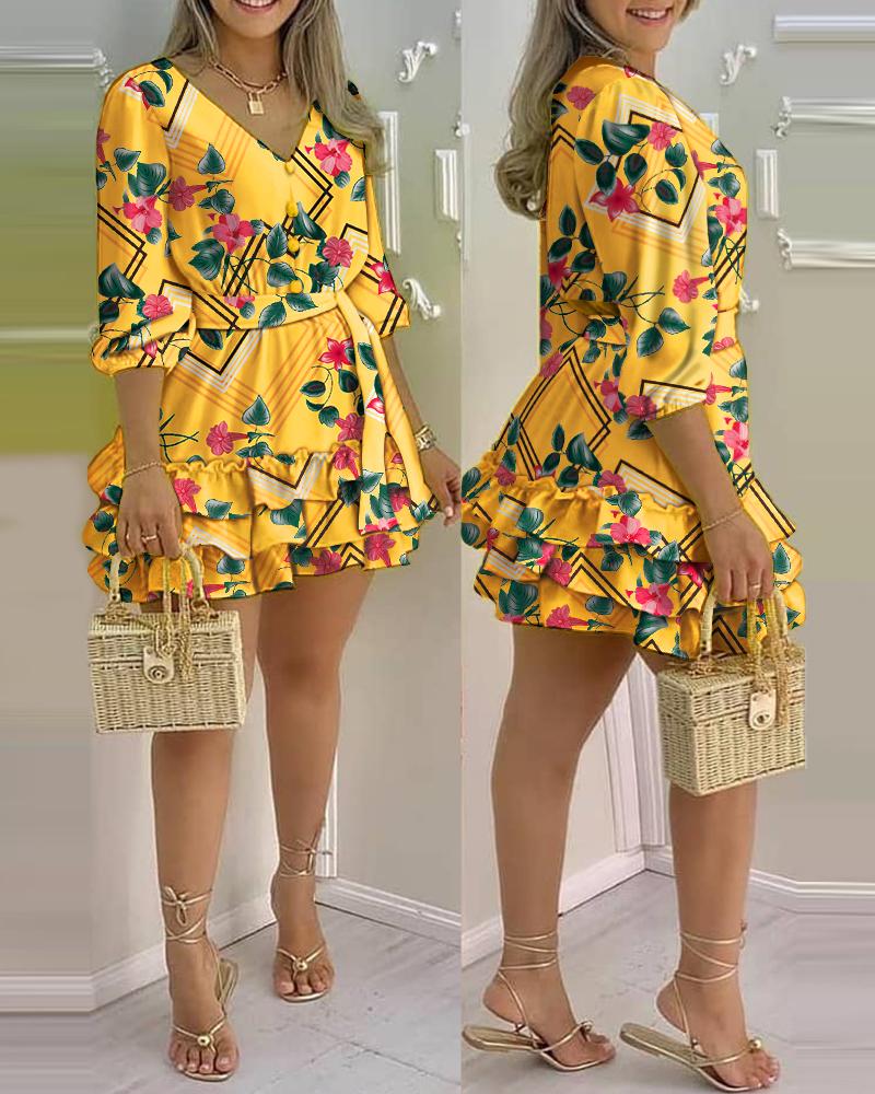 

Floral Print V-Neck Layered Ruffles Frill Hem A-Line Dress, Yellow
