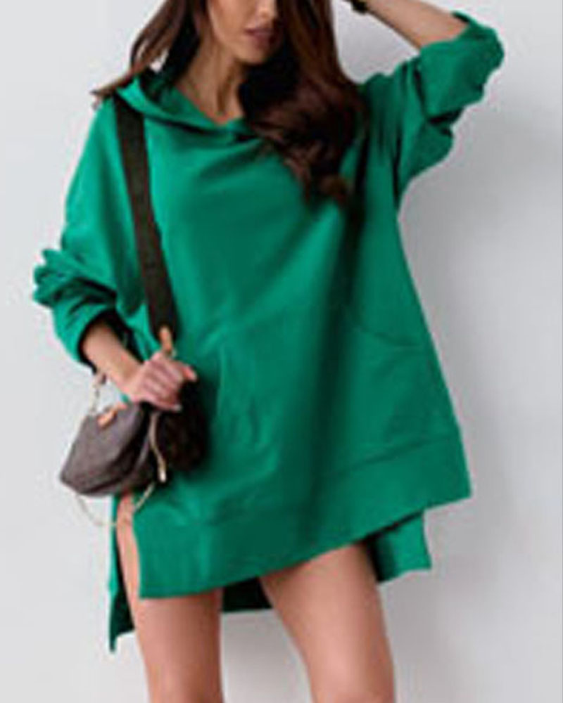 

Long Sleeve Split Hem Hooded Sweatshirt Dress, Green