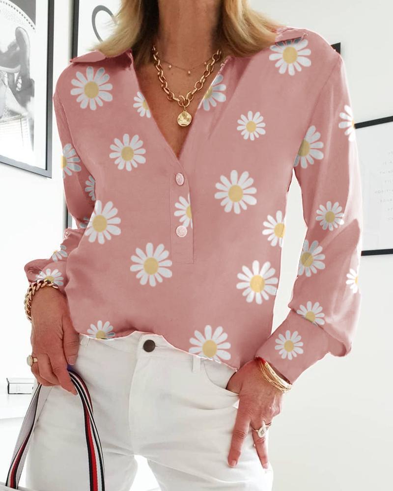 

Daisy Print Long Sleeve Button Design Top, Pink