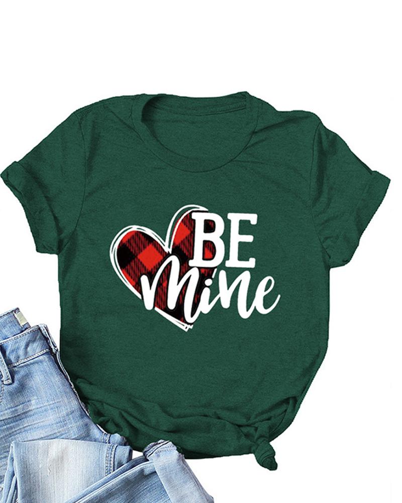 

Valentine' Day Plaid Heart Letter Print T-shirt, Green