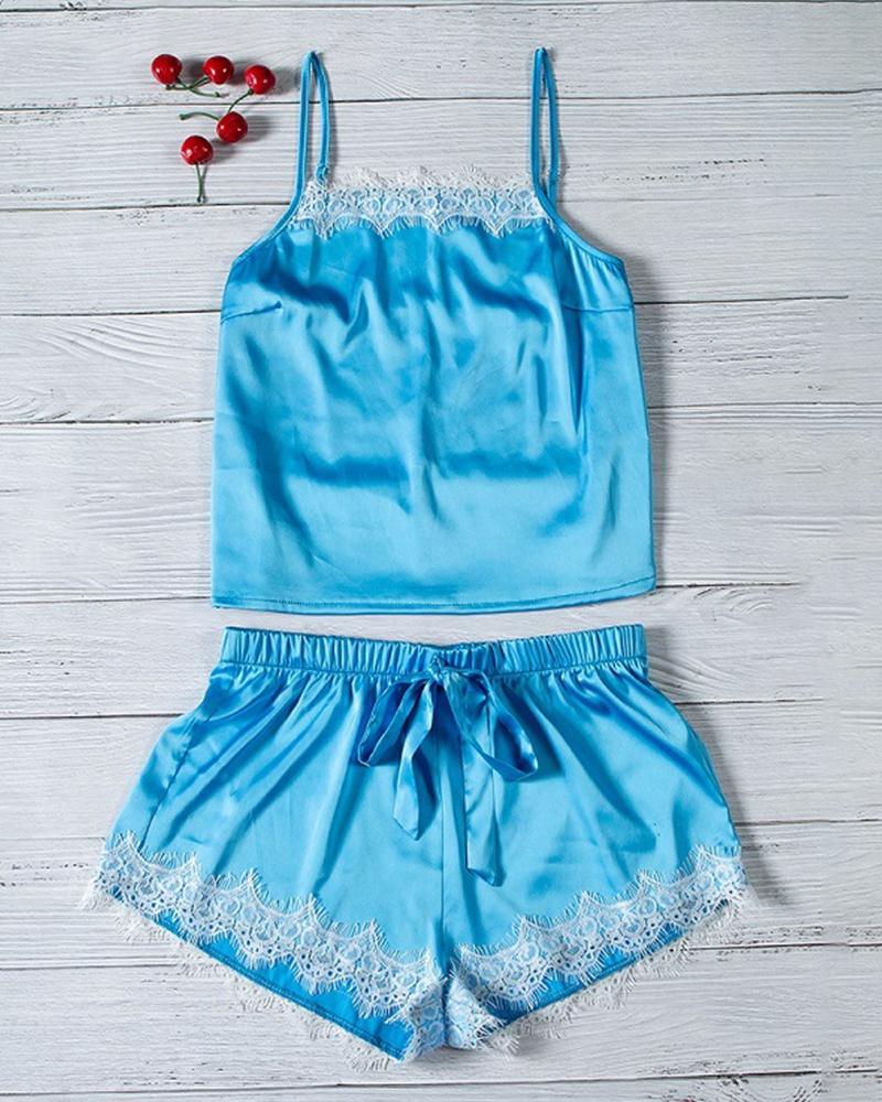 

Solid Lace atchwork Sleeveless Tanks With Shorts Suit Sets, Blue