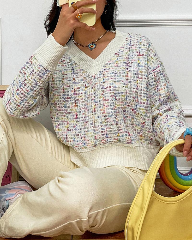 

Long Sleeve V Neck Colorblock Sweater, White