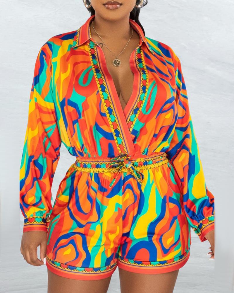 

Multi-Color Abstract Print Tied Detail Romper, Orange