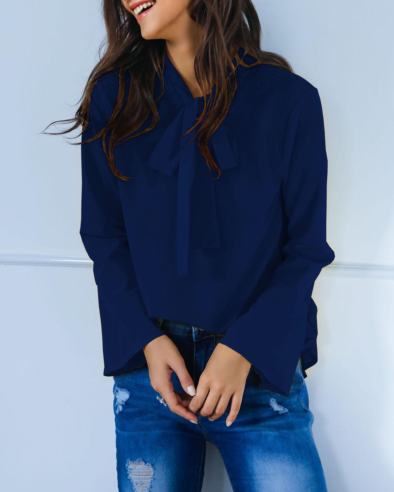

Stylish Solid Tie Neck Flared Sleeve Blouse, Dark blue