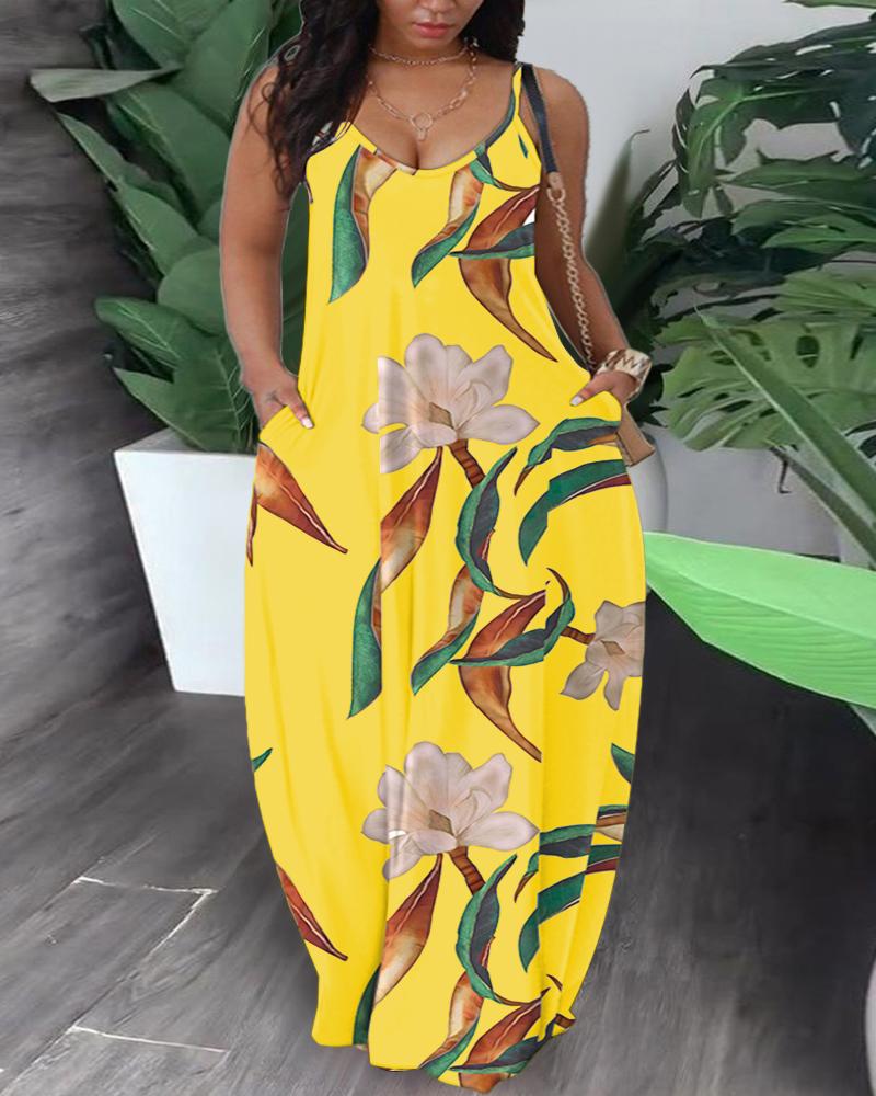 

Plus Size Tropical Print Pocket Design Maxi Dress, Yellow