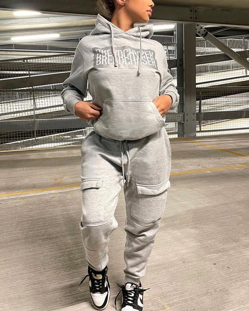 

Letter Print Long Sleeve Casual Hoodie & Pants Set, Gray