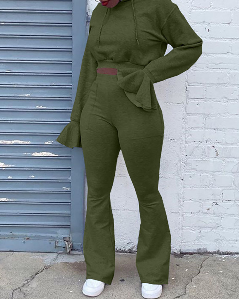 

Bell Sleeve Hooded Crop Top & High Waist Bootcut Pants Set, Green