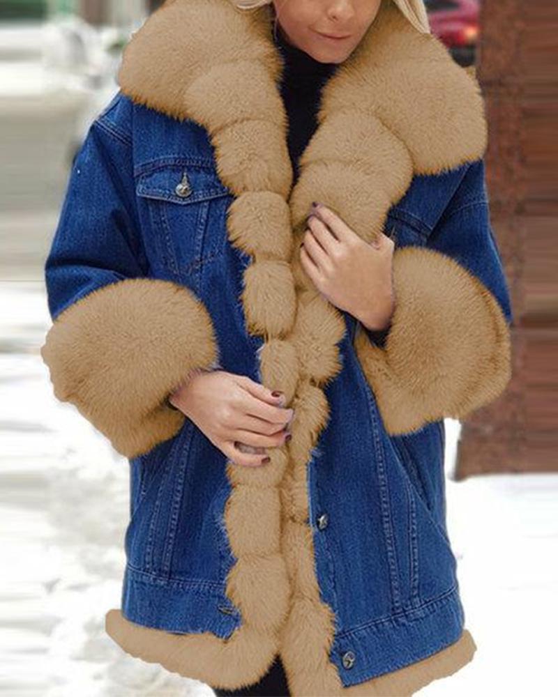 

Women' Casual Winter Long Coat Colorblock Faux Fur And Denim Long Sleeve Warm Jacket, Khaki