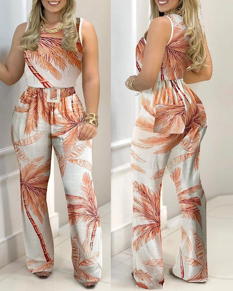 

Tropical Print Colorblock Top & Pants Set, Beige