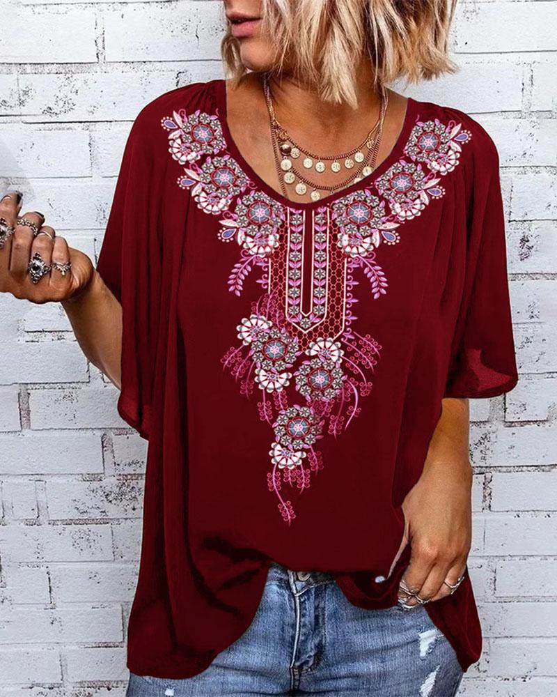 

Tribal Print Flutter Sleeve Casual Top, Wine red