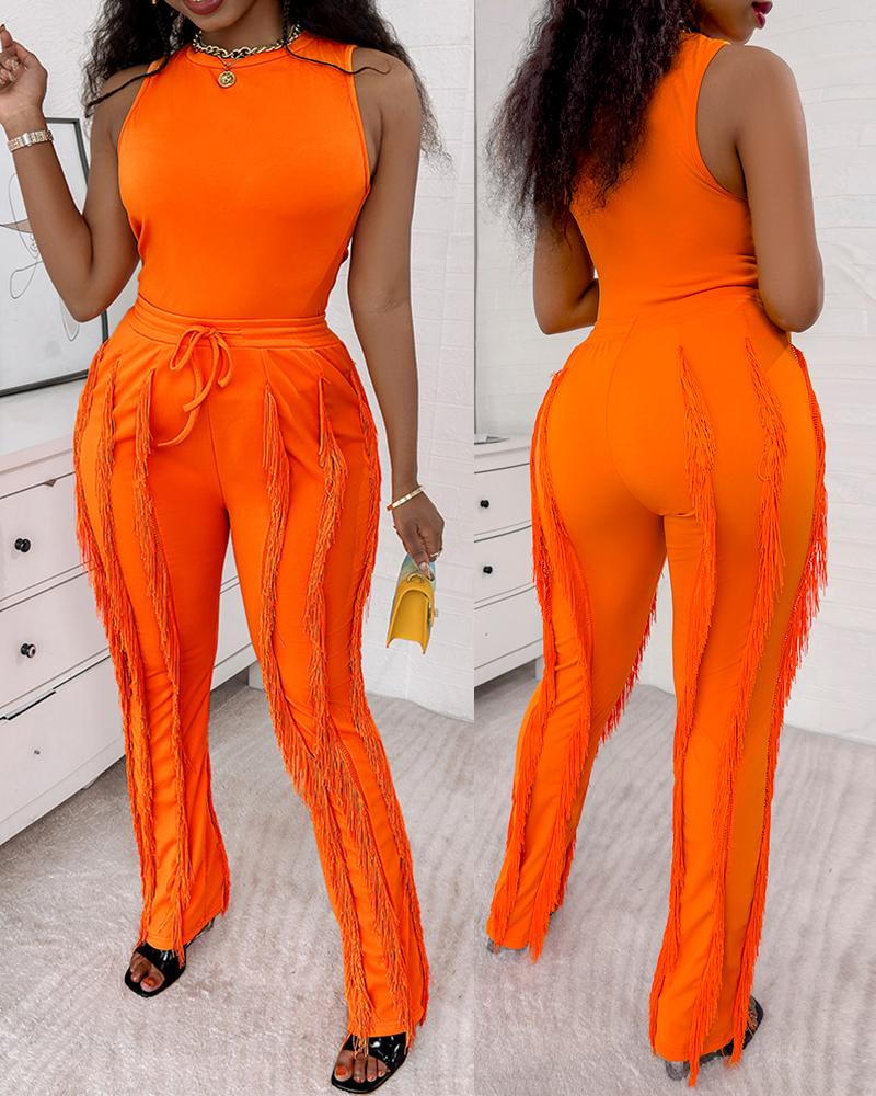 

Casual Tank Top & Tassel Decor Drawstring Pants Set, Orange