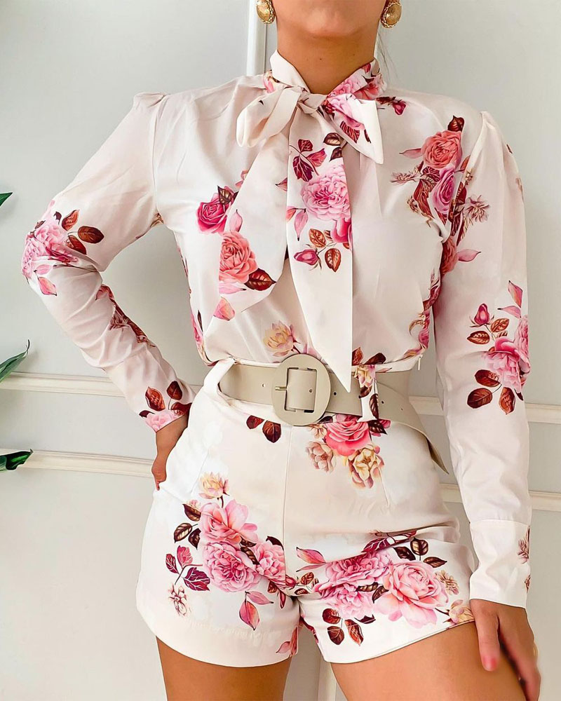 

Floral Print Tied Neck Long Sleeve Top & Shorts Set, Style1
