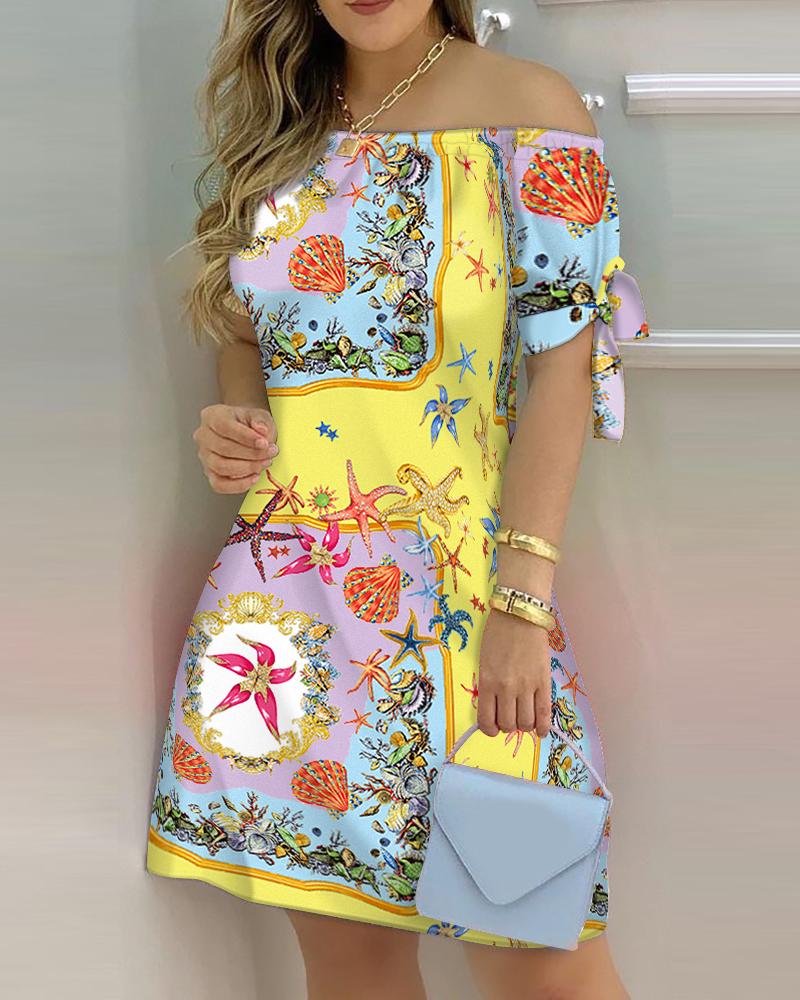 

Scarf Print Off Shoulder Tie Detail Casual Dress, Multicolor
