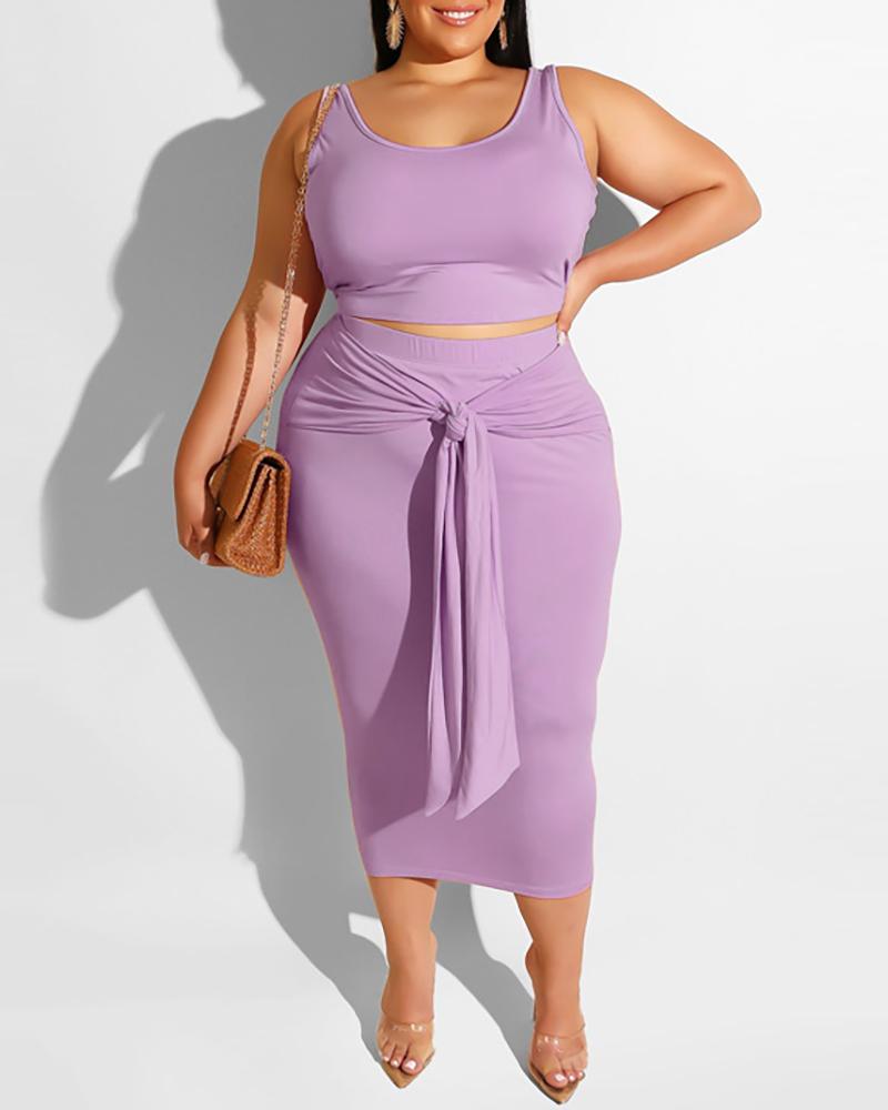 

Solid Thick Strap Top & Midi Skirt Set, Purple