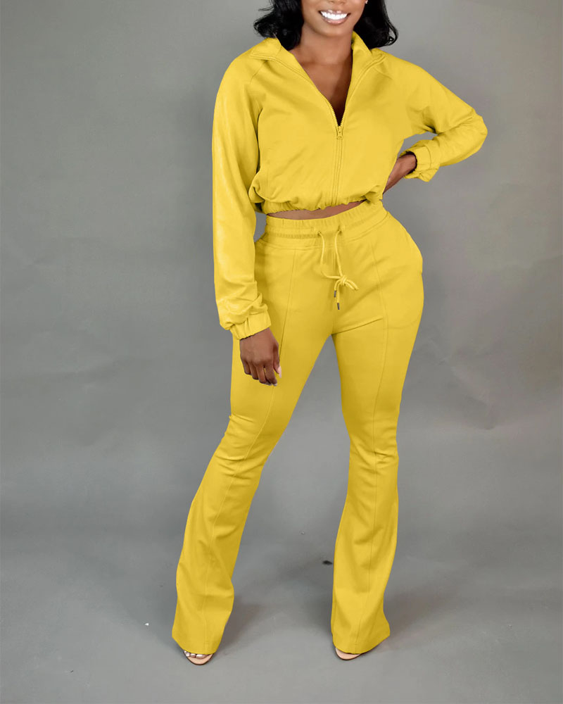 

Long Sleeve Zip Up Crop Top & Bootcut Pants Set, Yellow