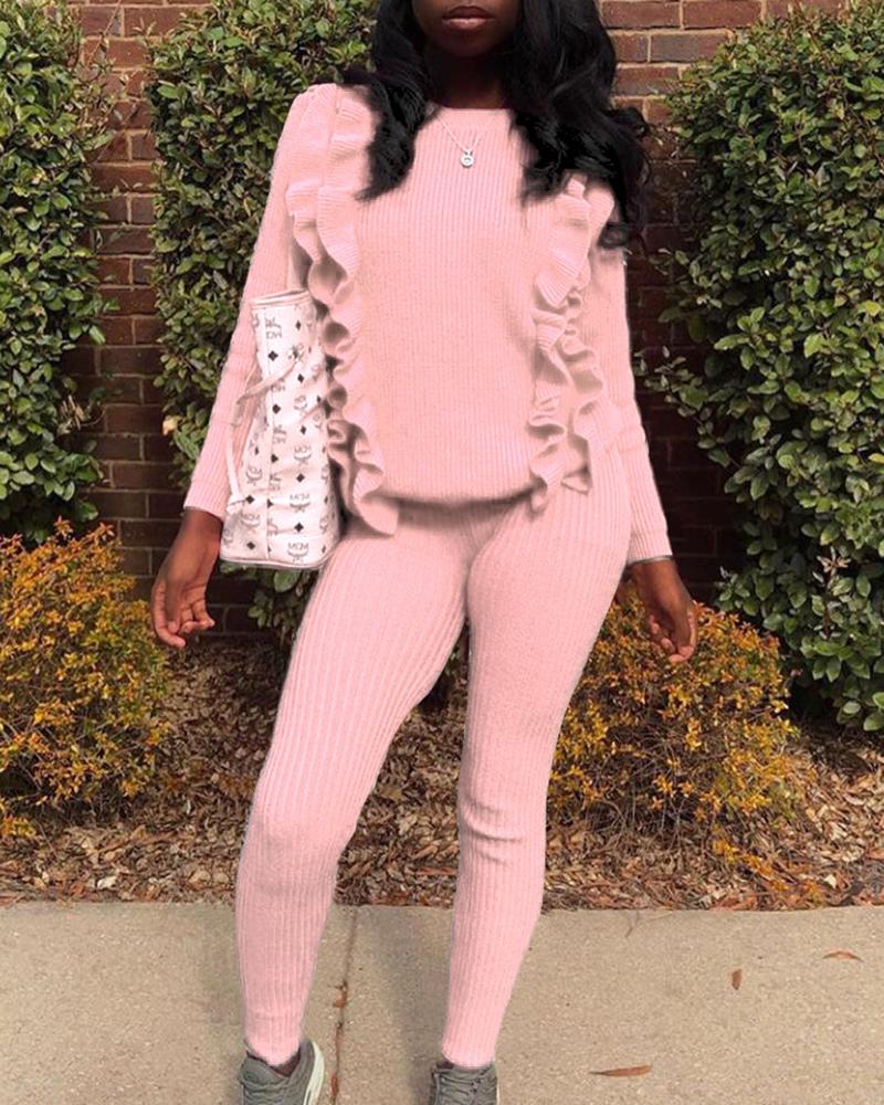 

Frill Hem Plain Ribbed Top & Pants Set, Pink