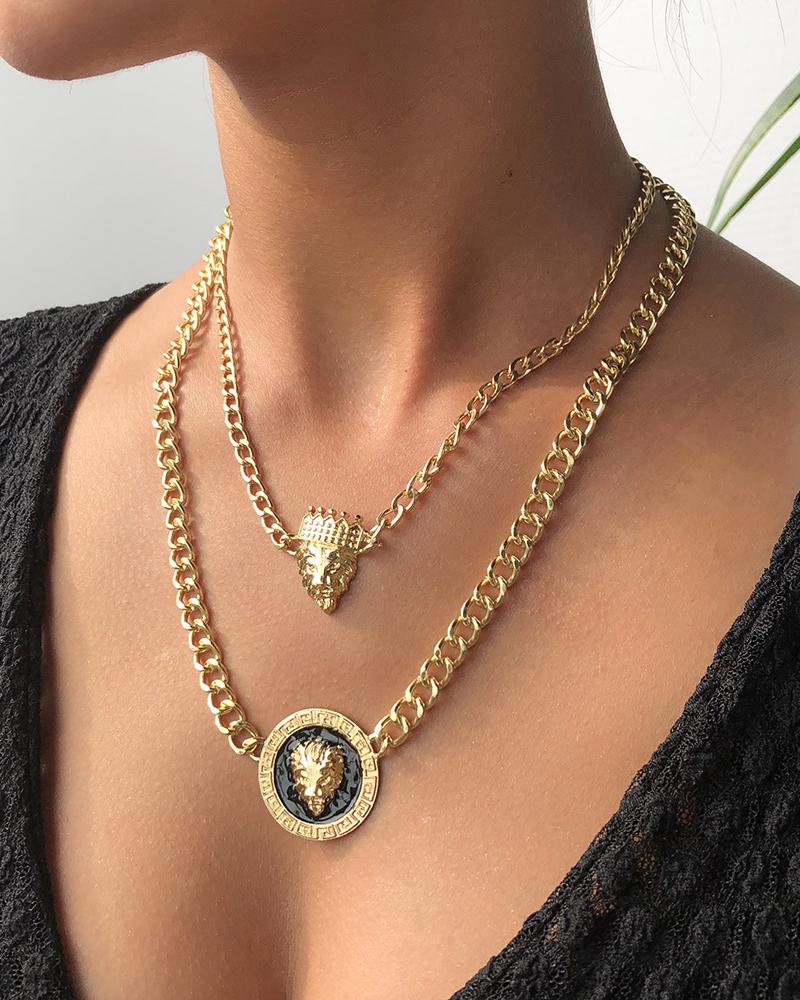 

Animal Coin Pattern Pendant Layered Chain Necklace, Gold