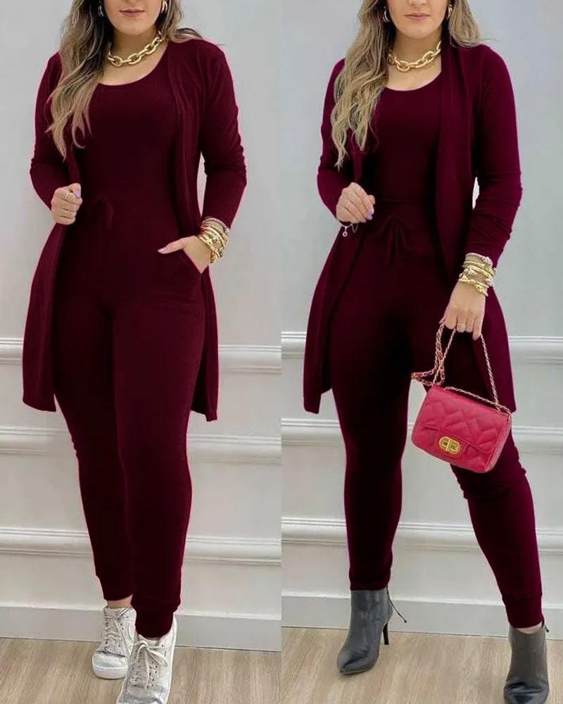 

Sleeveless Jumpsuit & Pocket Design Longline Coat, Dark red