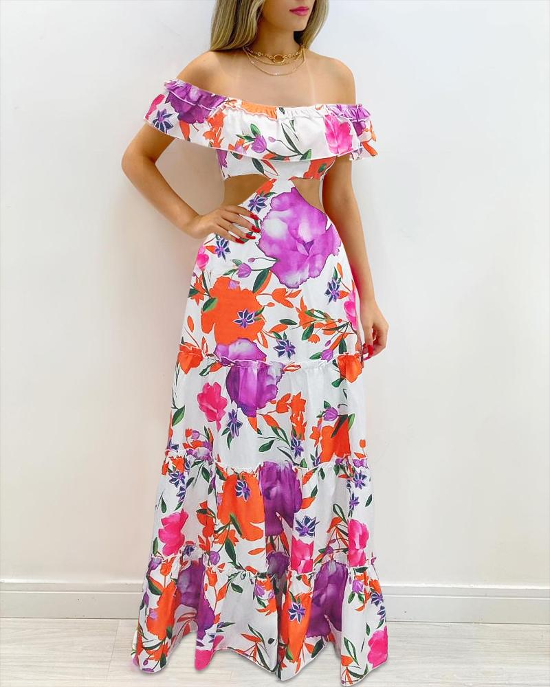 

Off Shoulder Ruffle Hem Floral Print Maxi Dress, Multicolor