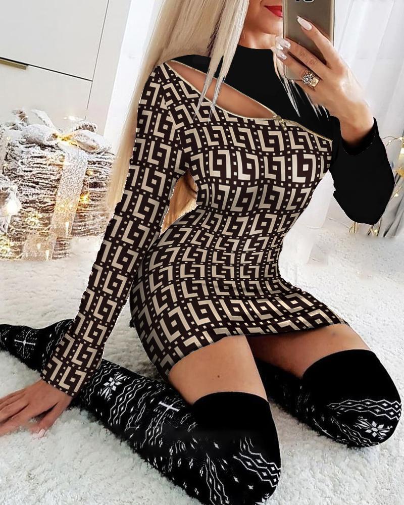 

Geo Print Zip Front Long Sleeve Bodycon Dress, Black