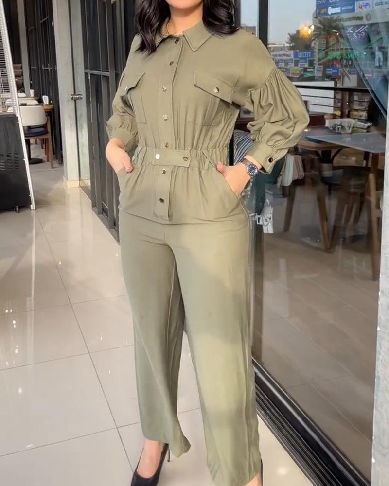 

Ruched Lantern Sleeve Wide Leg Jumpsuit, Army green