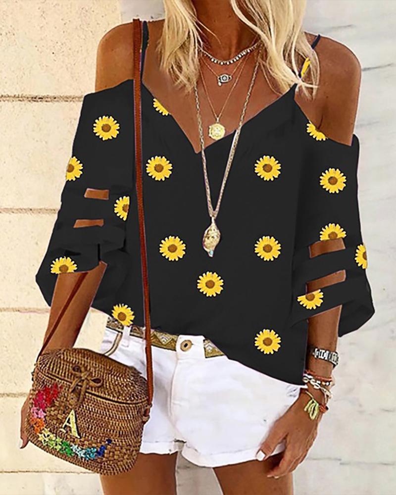 

Cold Shoulder Daisy Print Sheer Mesh Top, Black