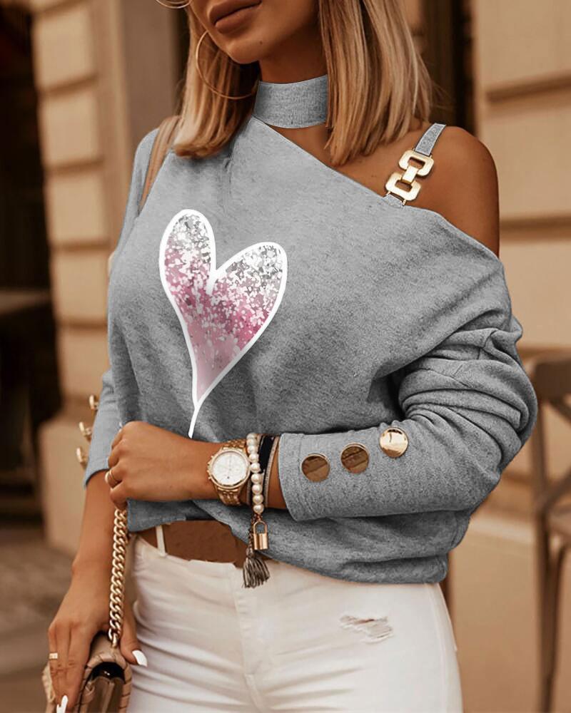 

Heart Print Cold Shoulder Top, Gray