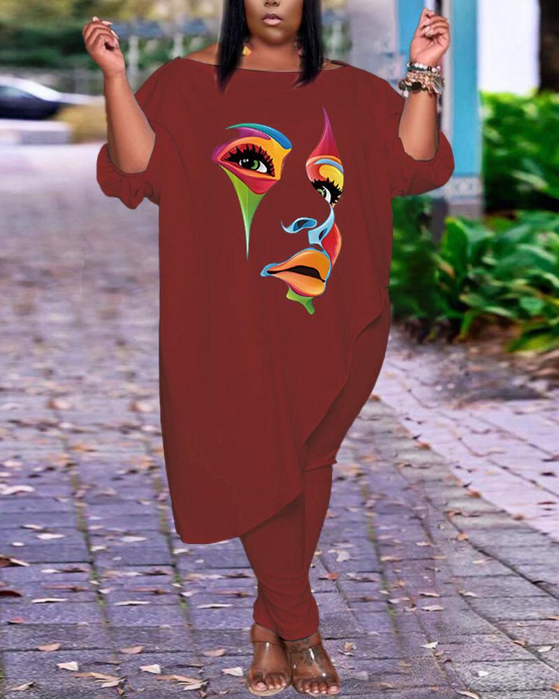 

Plus Size Figure Print Asymmetrical Hem Top & Pants Set, Wine red