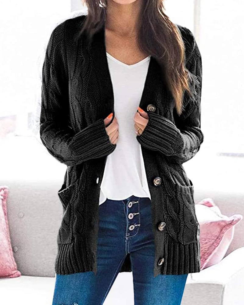 

Long Sleeve Button Front Cable Knit Cardigan, Black