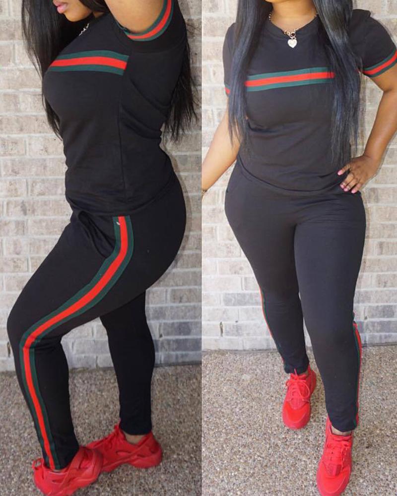 

Striped Colorblock Top & Pocket Design Pants Set, Black