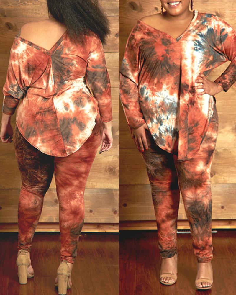 

Plus Size Tie Dye Print Long Sleeve Top & Pants Set, Orange