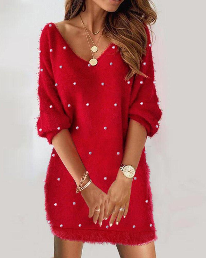 

Pearls Decor V-Neck Half Sleeve Fuzzy Casual Dress, Red