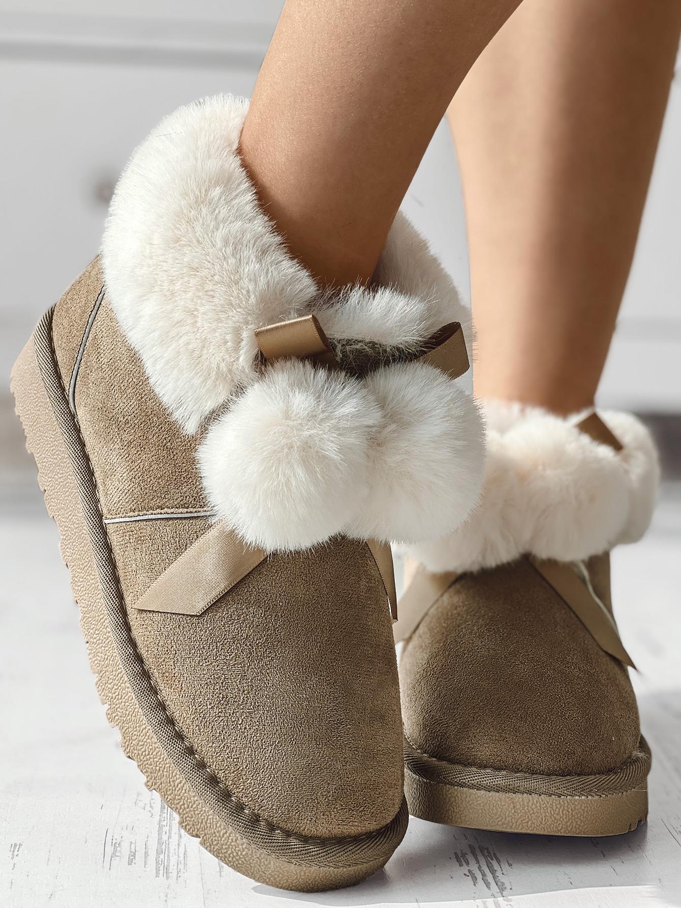 

Fuzzy Trim Lined Pom Pom Snow Boots, Khaki