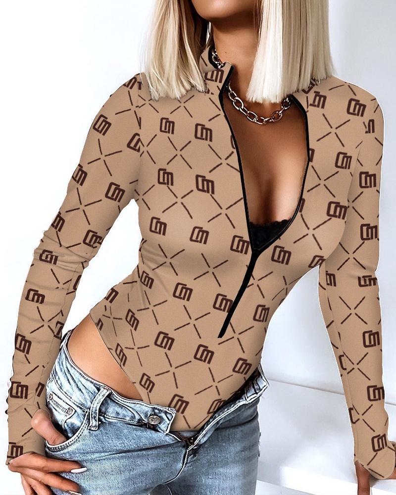 

ChicMe Letter Print Zip Front Long Sleeve Bodysuit, Khaki