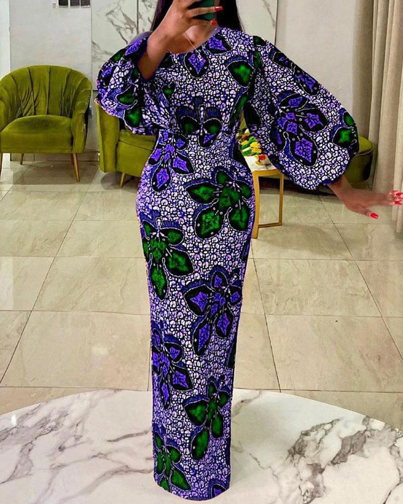 

Leaf Print Cold Shoulder Lantern Sleeve Maxi Dress, Blue