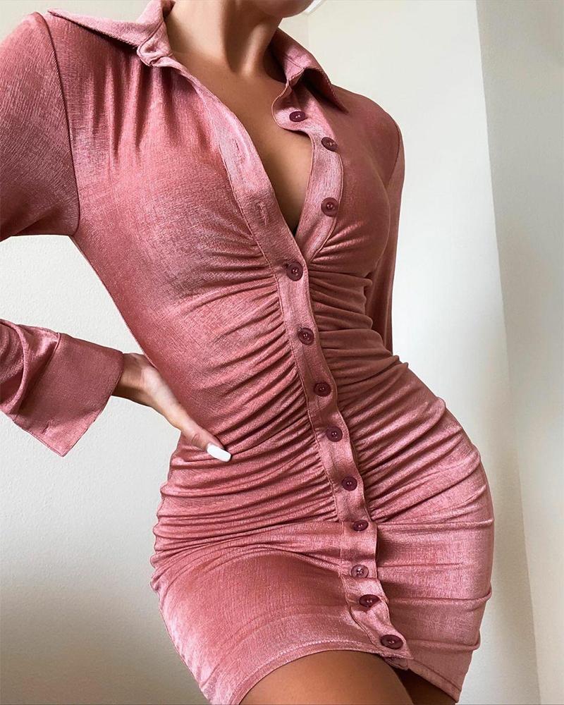 

Solid Button Up Ruched Mini Dress, Pink