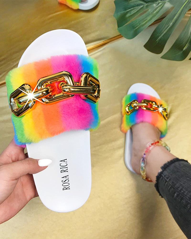 

Multicolor Meatllic Chain Patch Open-toe Flat Sandals, White