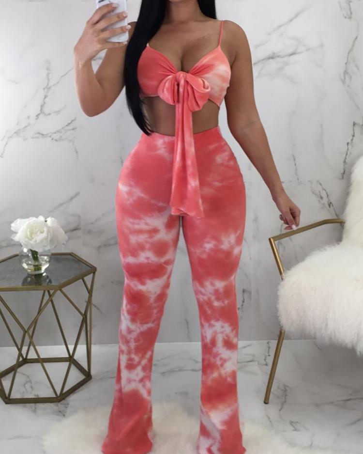

Tie Dye Print Bustier Top With Pants Set, Red