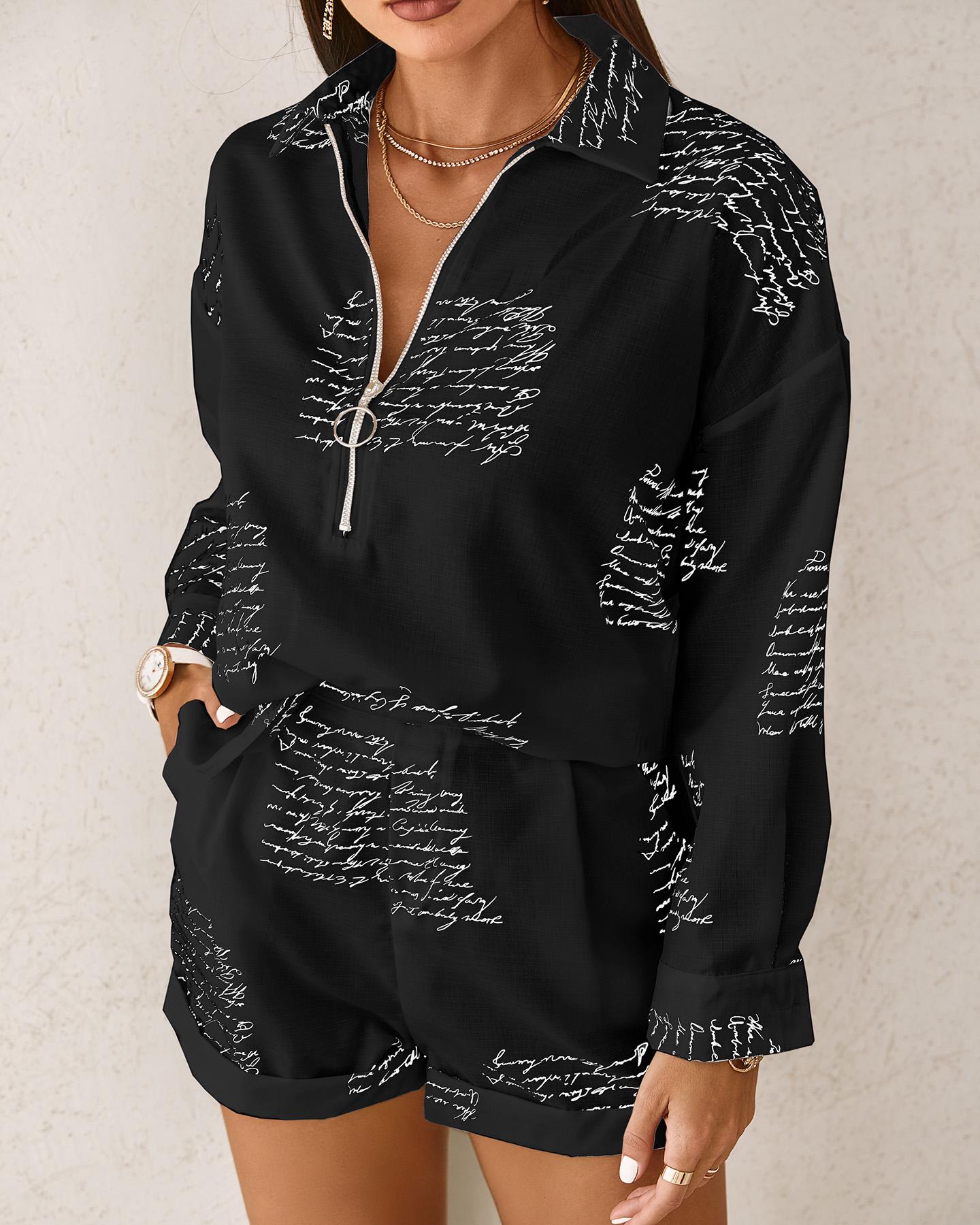 

Letter Print Long Sleeve Shirt & Pocket Design Shorts Set, Black