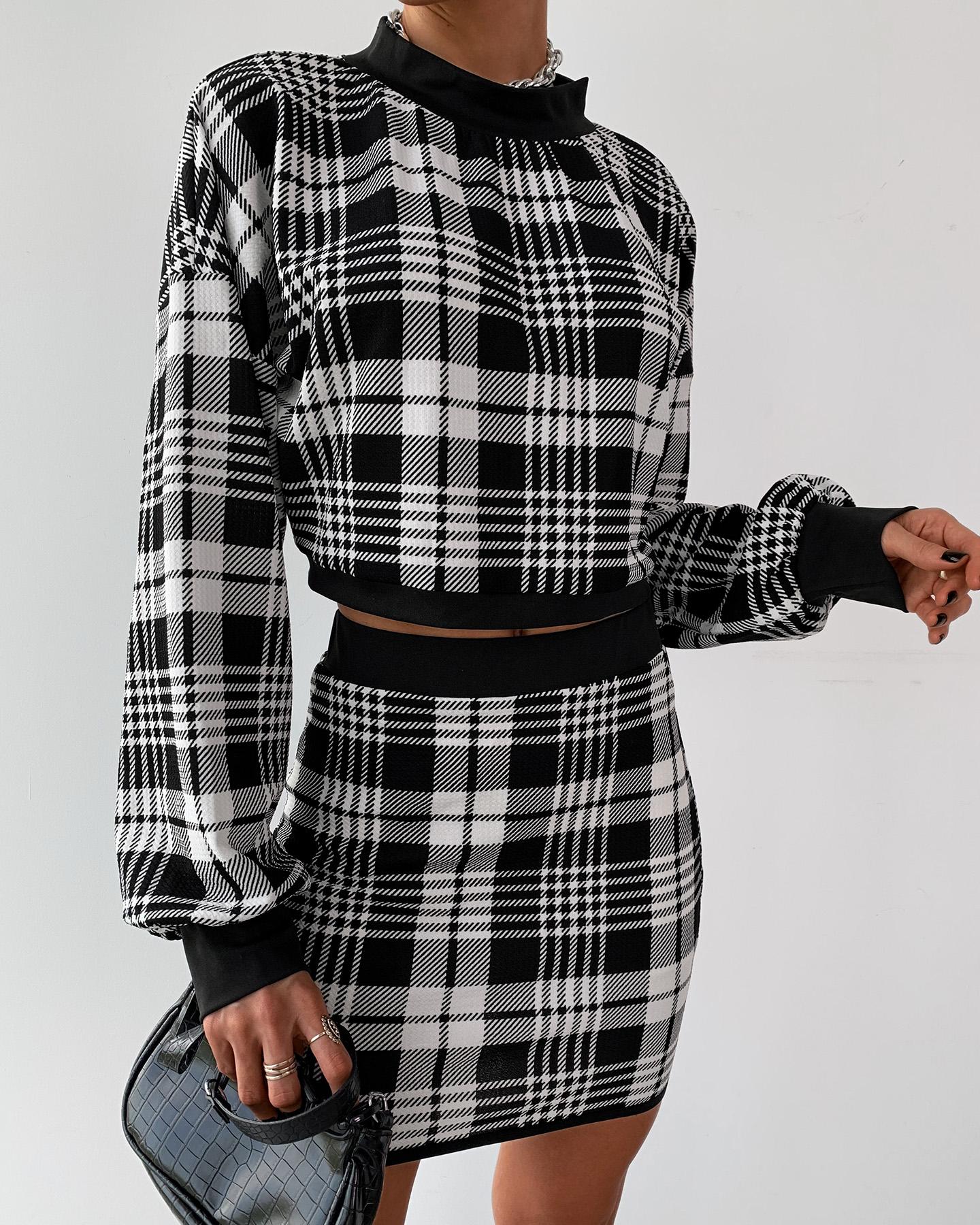 

Plaid Print Lantern Sleeve Crop Top & Mini Skirt Sets, Black